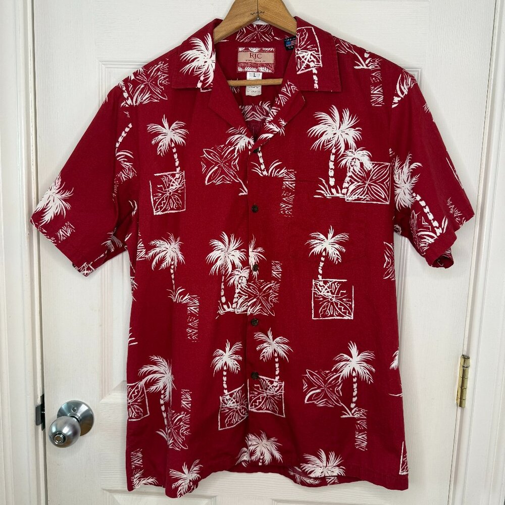 Vintage RJC Hawaiian Coconut Tree Cotton Shirt Made in Hawaii USA Size Large